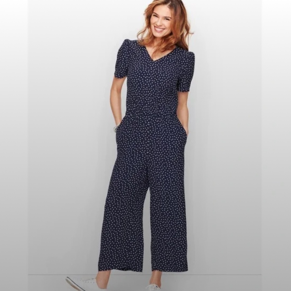 Talbots Navy Blue Polka Dot Short Sleeve Cropped Wide Leg Jumpsuit